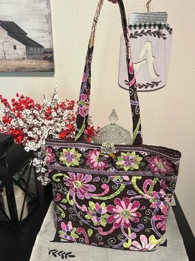 Vera Bradley Brown Quilted Tote with Pink & Lime Floral Print